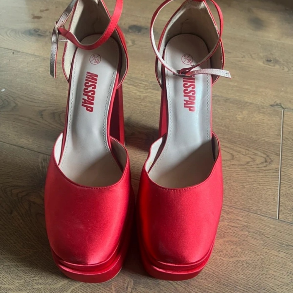 Misspap Red Satin Ankle Strap Heels